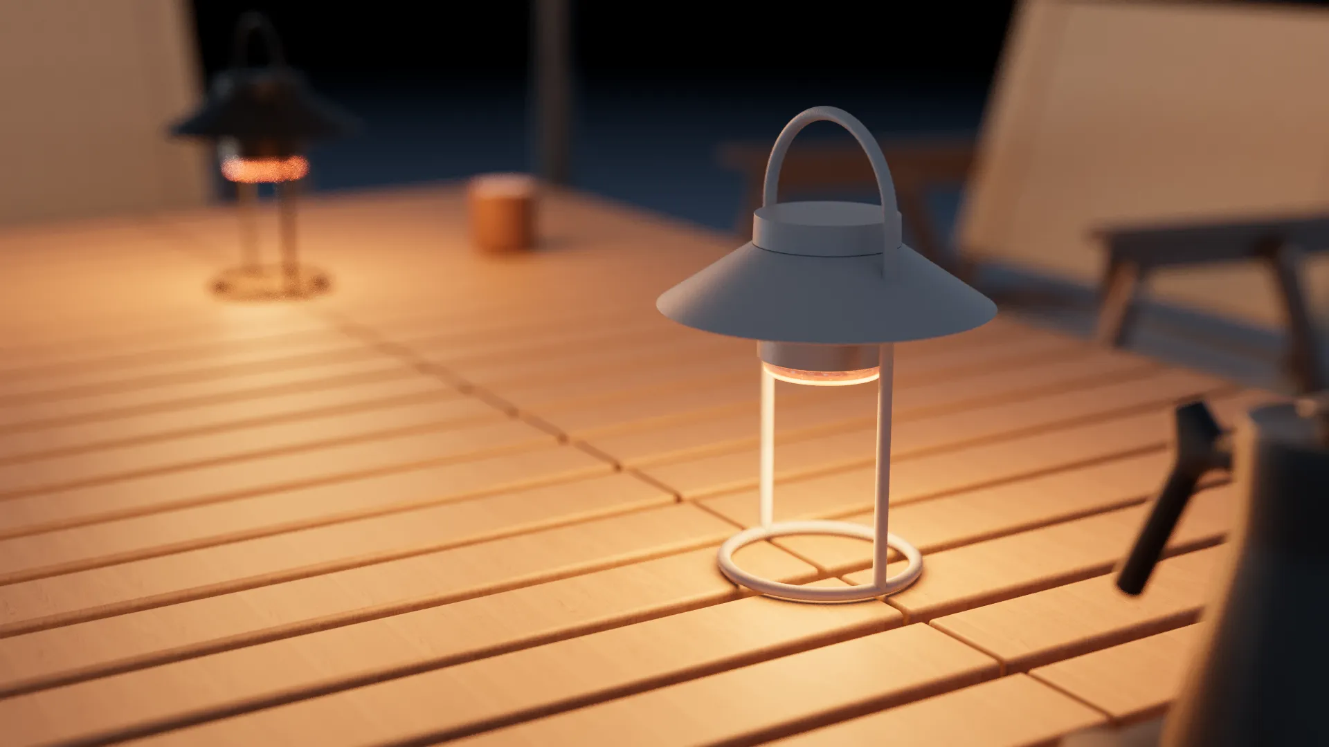AURA rechargeable table lamp on a terrace table